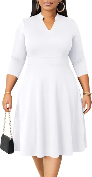 CLOCOR Plus Size Dress for Women Semi Formal Church 3/4 Sleeve Fit and Flare Casual Dresses V Neck with Pockets