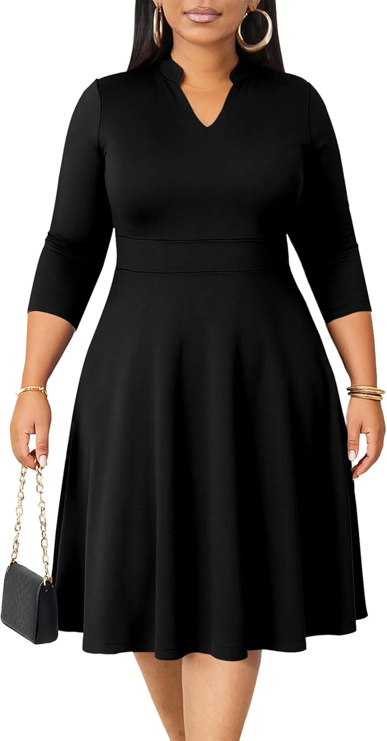 CLOCOR Plus Size Dress for Women Semi Formal Church 3/4 Sleeve Fit and Flare Casual Dresses V Neck with Pockets