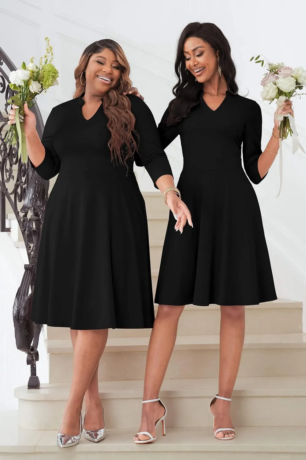 CLOCOR Plus Size Dress for Women Semi Formal Church 3/4 Sleeve Fit and Flare Casual Dresses V Neck with Pockets