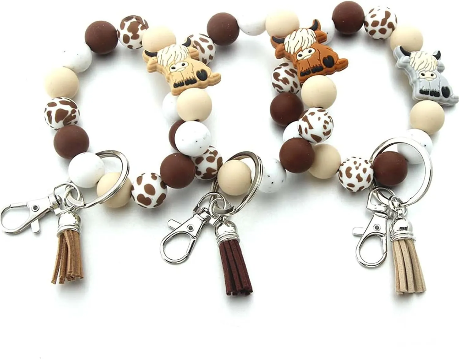 Colorful Highlands Cow Keychain Modern Highlands Cow Keychain Silicone Beaded Wristlet Keyrings Pendant for Women