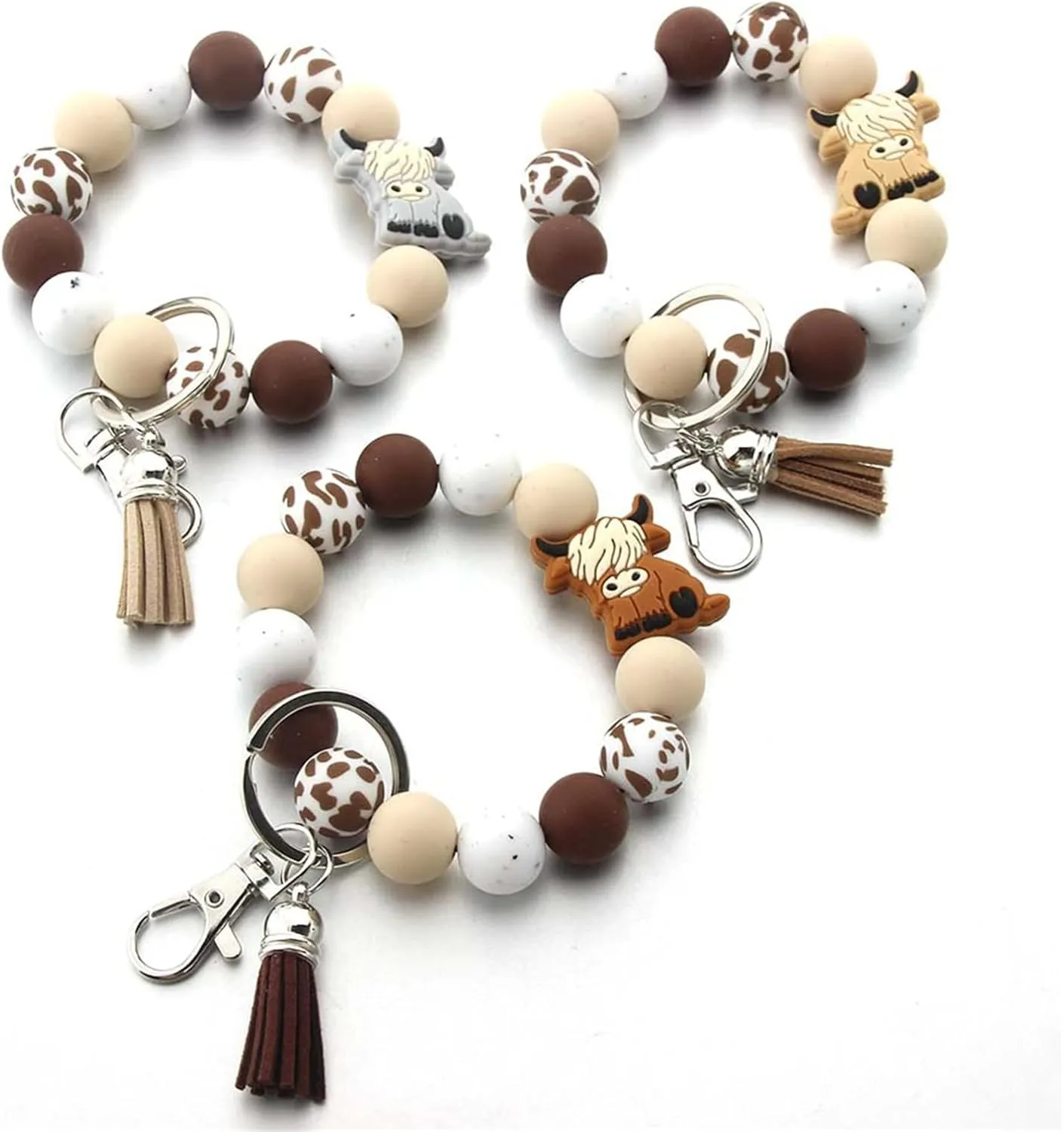 Colorful Highlands Cow Keychain Modern Highlands Cow Keychain Silicone Beaded Wristlet Keyrings Pendant for Women