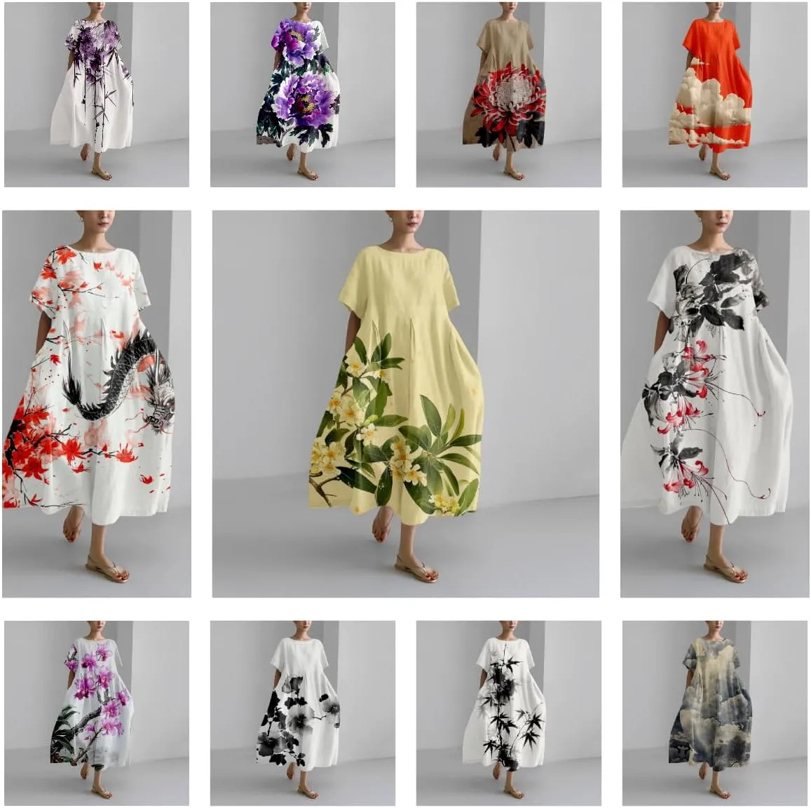 Cotton Linen Dress Floral Print Casual Loose Short Sleeve Crew Neck Maxi Ladies Flowy Summer Long Dresses