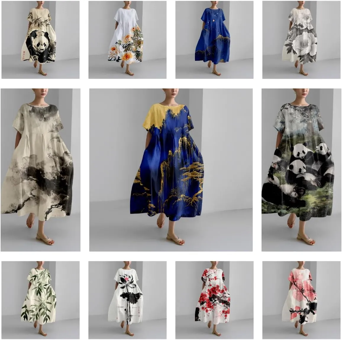 Cotton Linen Dress Floral Print Casual Loose Short Sleeve Crew Neck Maxi Ladies Flowy Summer Long Dresses