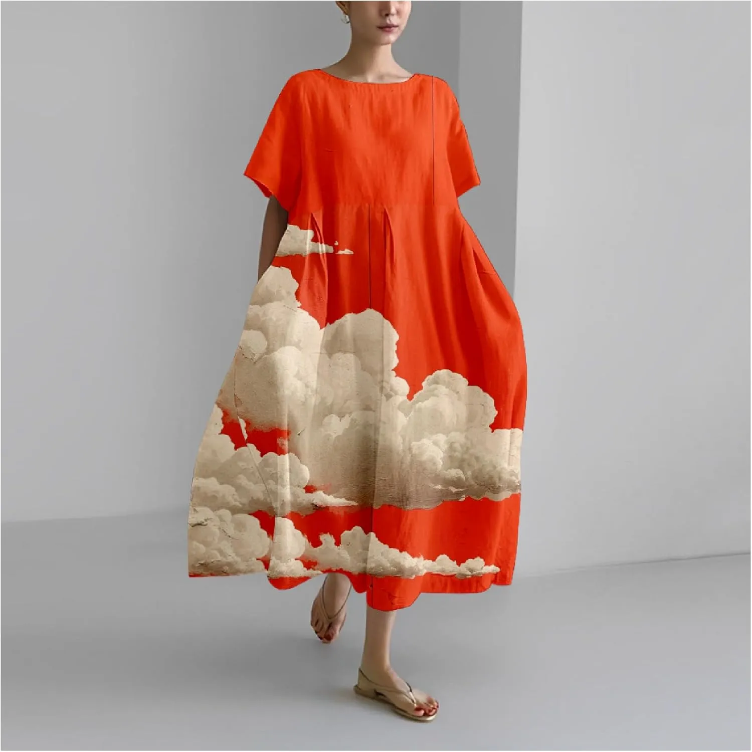 Cotton Linen Dress Floral Print Casual Loose Short Sleeve Crew Neck Maxi Ladies Flowy Summer Long Dresses