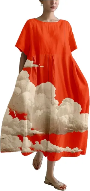 Cotton Linen Dress Floral Print Casual Loose Short Sleeve Crew Neck Maxi Ladies Flowy Summer Long Dresses