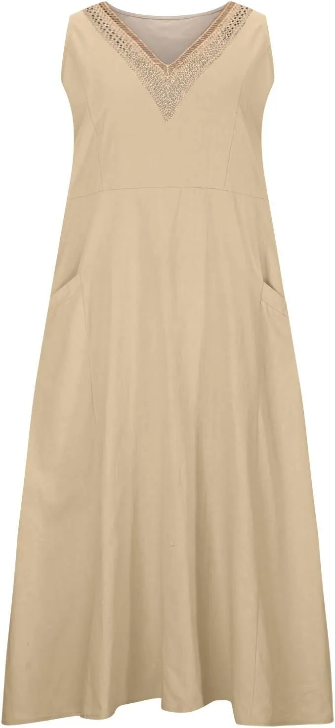 Cotton Linen Dress Women Plus Size Lace V Neck Sleeveless Summer Casual Beach Vacation Sundress Boho Flowy Midi Dress