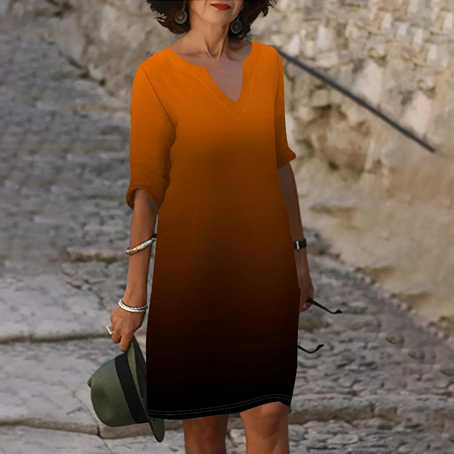 Cotton Linen Solid Baggy Dresses for Women 2024 Summer Elegant V Neck 3/4 Sleeve Midi Casual Beach T Shirt Maxi Sun Dress