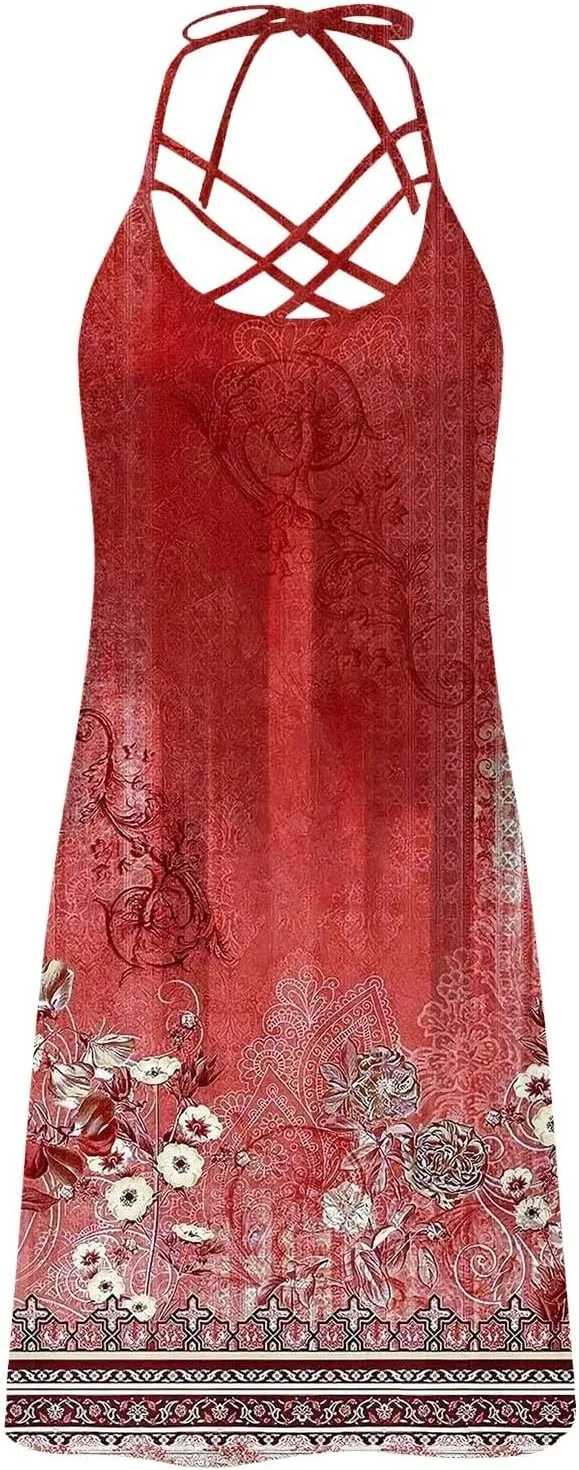 Cruise Dresses for Women 2025 Sleeveless Spaghetti Straps Sundress Beach Vacation Summer Trendy Mini Printed Dress