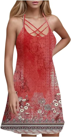 Cruise Dresses for Women 2025 Sleeveless Spaghetti Straps Sundress Beach Vacation Summer Trendy Mini Printed Dress