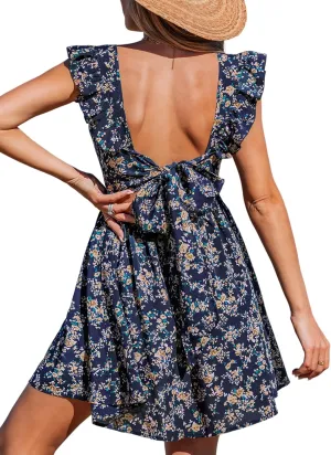 CUPSHE Women's Mini Dress V Neck Flutter Sleeve Cotton Self Tie Back A Line Short Summer Cover Up Dress