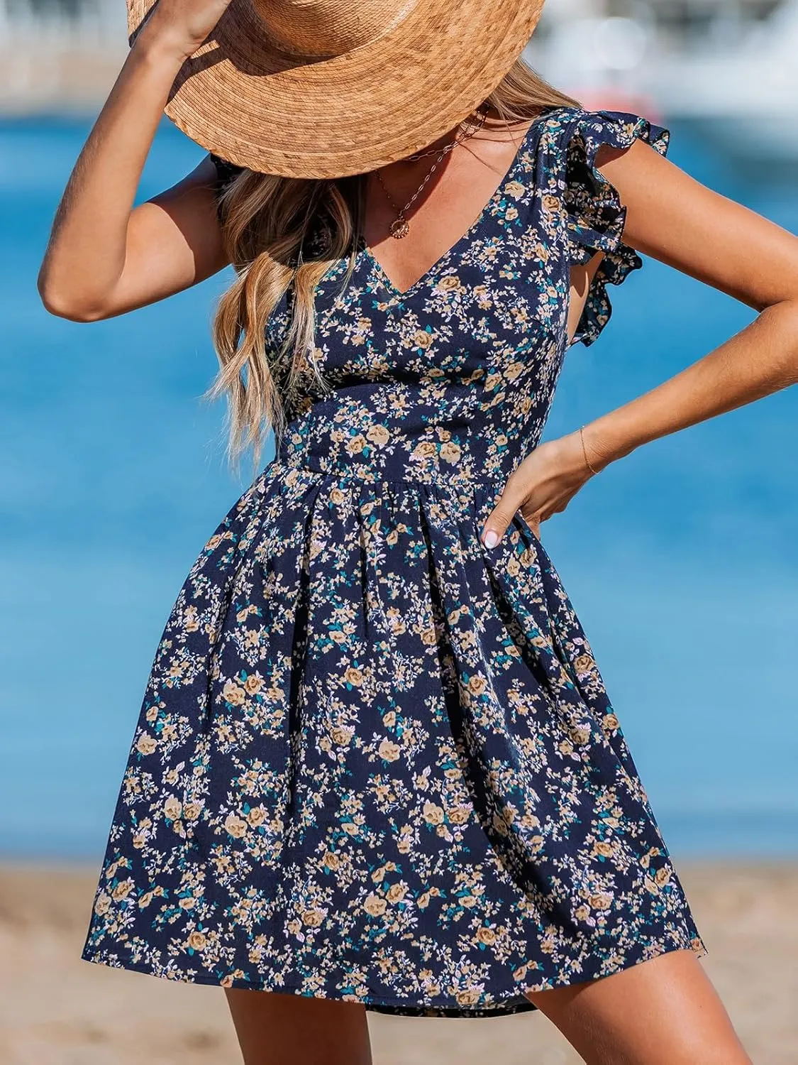 CUPSHE Women's Mini Dress V Neck Flutter Sleeve Cotton Self Tie Back A Line Short Summer Cover Up Dress