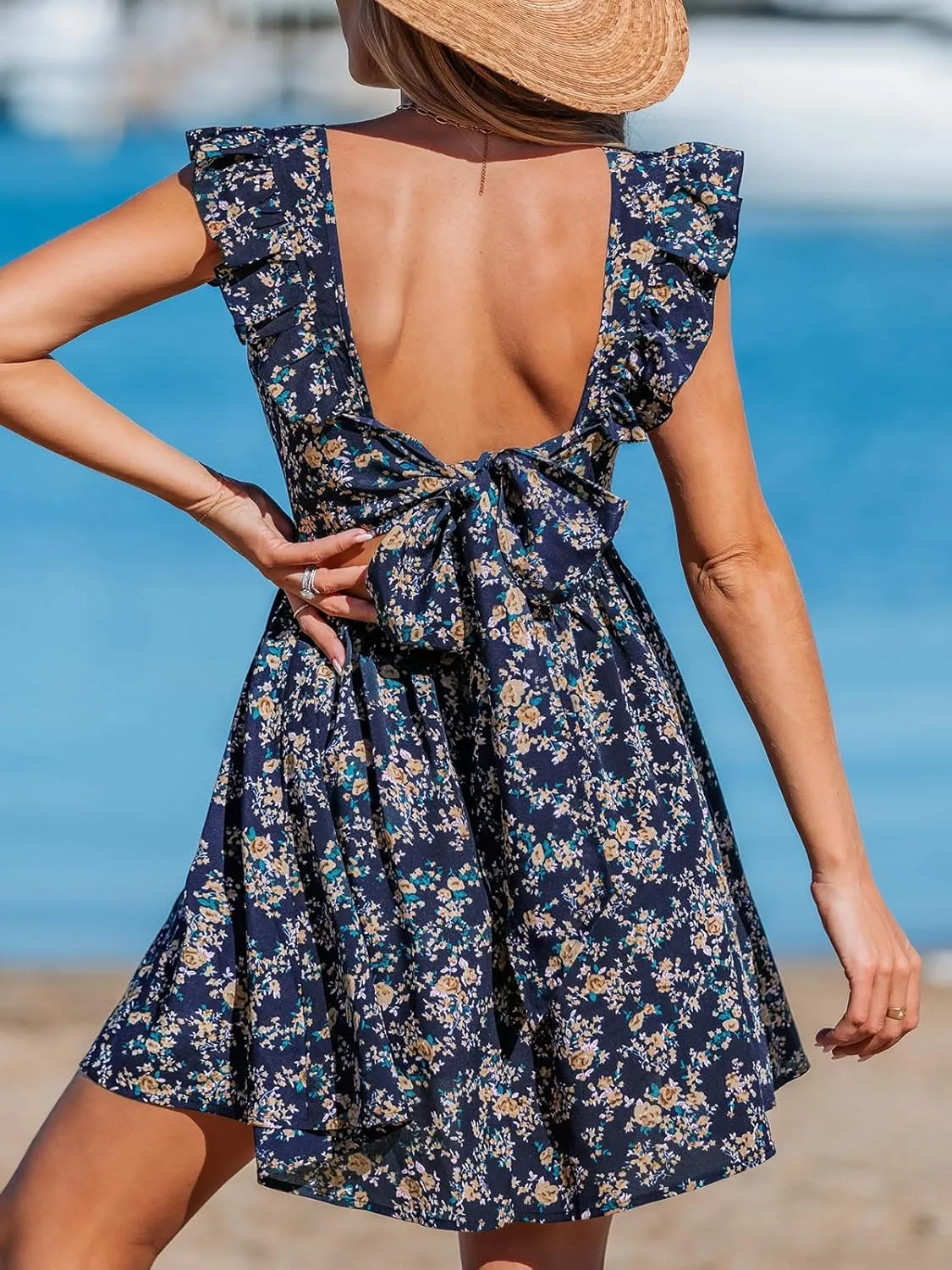 CUPSHE Women's Mini Dress V Neck Flutter Sleeve Cotton Self Tie Back A Line Short Summer Cover Up Dress