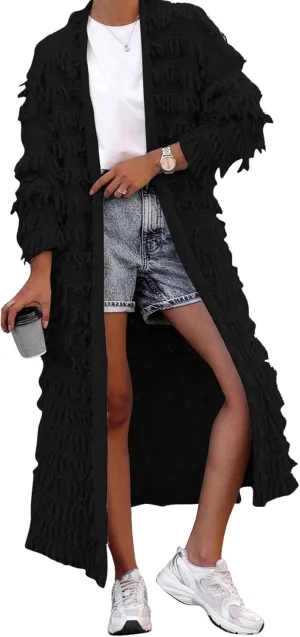 CXINS Womens Crochet Cable Knit Fringe Tassel Maxi Cardigans Open Front Long Sweater Cardigan Outwear
