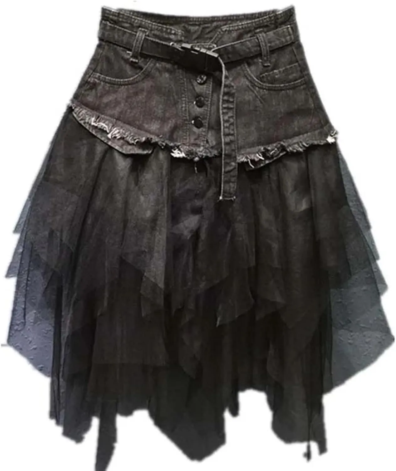 Dawery Women Mesh Patchwork Irregular Tulle Denim Skirt Pleated High Waist A-Line Asymmetric Medium-Length Ballet Skirt Punk
