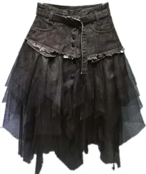 Dawery Women Mesh Patchwork Irregular Tulle Denim Skirt Pleated High Waist A-Line Asymmetric Medium-Length Ballet Skirt Punk