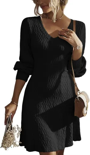 Dokotoo Dresses for Women 2025 Trendy Spring Dresses V Neck Knit A Line Long Sleeve Dress Sweater Dress