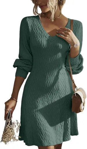 Dokotoo Dresses for Women 2025 Trendy Spring Dresses V Neck Knit A Line Long Sleeve Dress Sweater Dress