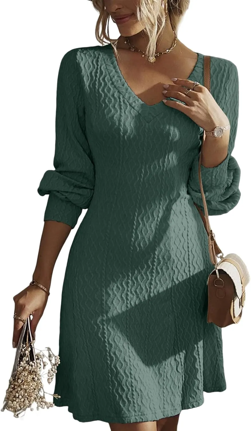Dokotoo Dresses for Women 2025 Trendy Spring Dresses V Neck Knit A Line Long Sleeve Dress Sweater Dress
