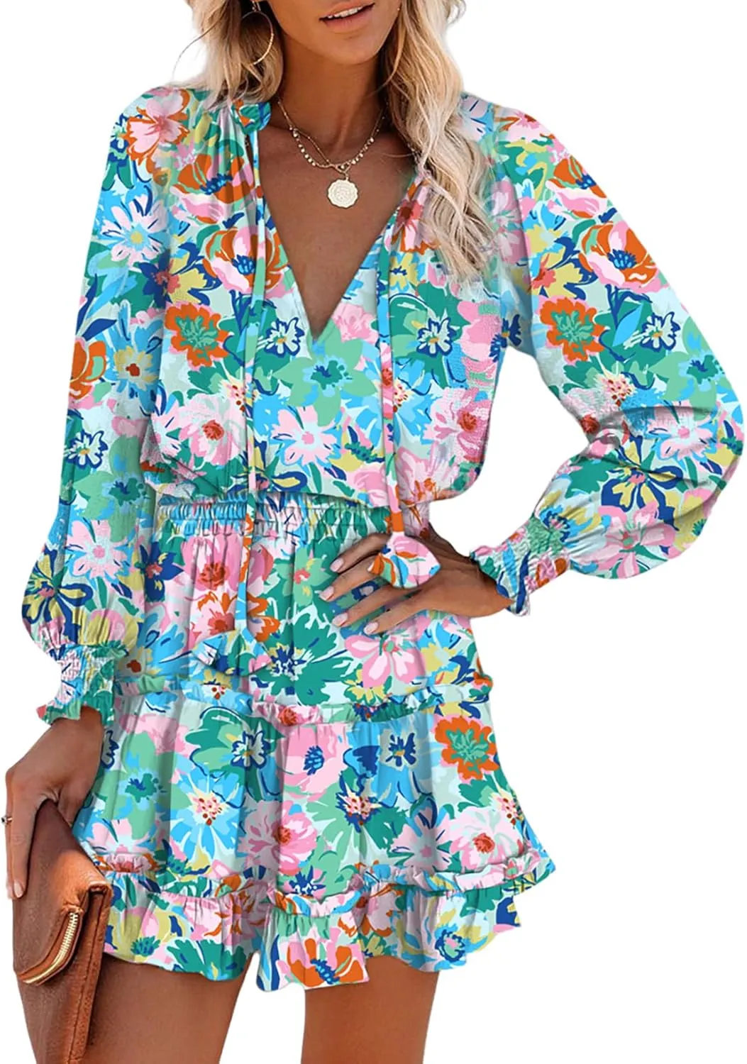 Dokotoo Summer Dresses for Women 2025 Boho Floral Drawstring V Neck Smocked Long Sleeve Ruffle Tiered Chiffon Mini Dress