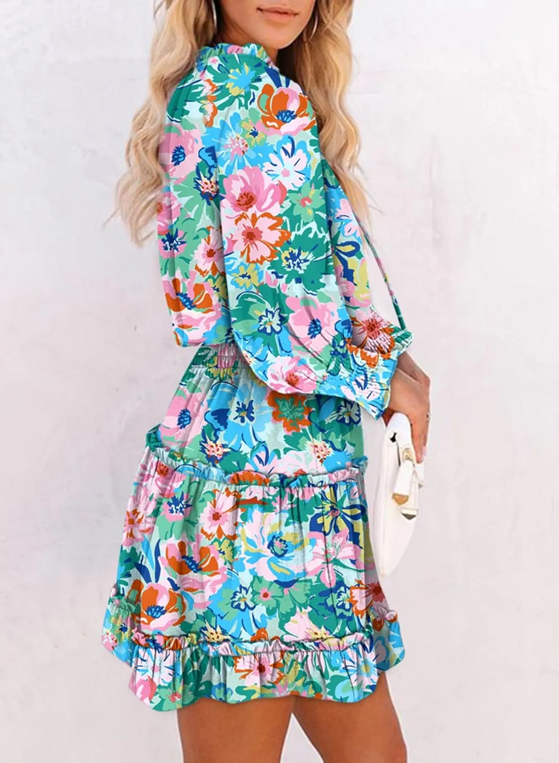 Dokotoo Summer Dresses for Women 2025 Boho Floral Drawstring V Neck Smocked Long Sleeve Ruffle Tiered Chiffon Mini Dress