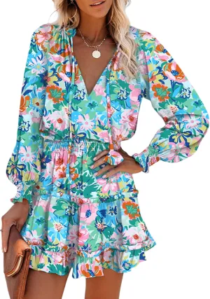 Dokotoo Summer Dresses for Women 2025 Boho Floral Drawstring V Neck Smocked Long Sleeve Ruffle Tiered Chiffon Mini Dress