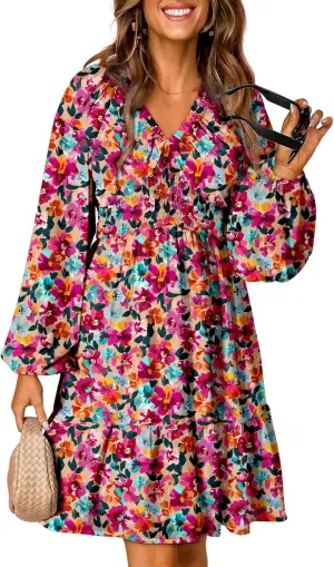 Dokotoo Womens Dresses 2025 Boho Floral V Neck Long Sleeve Smocked Elastic Waist Casual A-Line Swing Mini Dress Sundress
