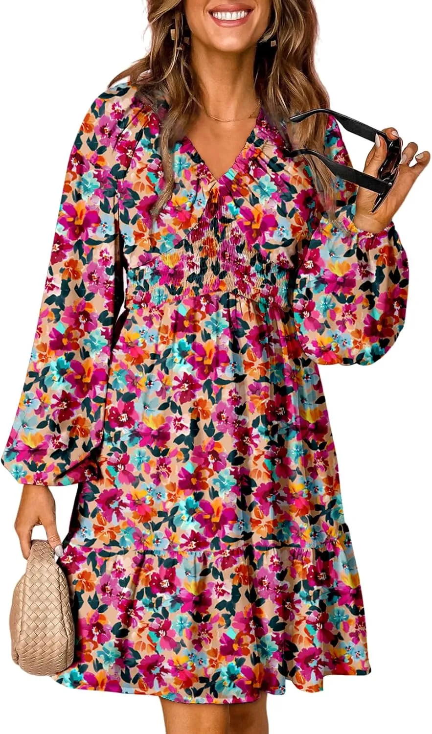 Dokotoo Womens Dresses 2025 Boho Floral V Neck Long Sleeve Smocked Elastic Waist Casual A-Line Swing Mini Dress Sundress