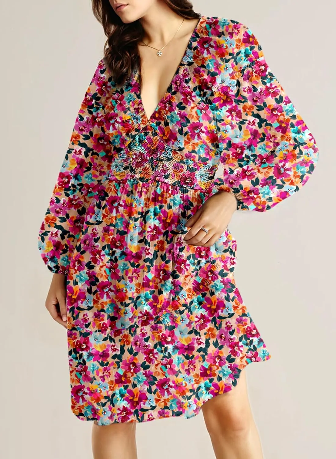 Dokotoo Womens Dresses 2025 Boho Floral V Neck Long Sleeve Smocked Elastic Waist Casual A-Line Swing Mini Dress Sundress