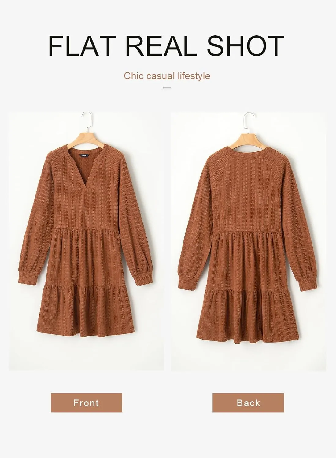 Dokotoo Womens Dresses 2025 Long Sleeve V Neck Textured Casual Tiered Ruffle A-Line Swing Mini Babydoll Dress