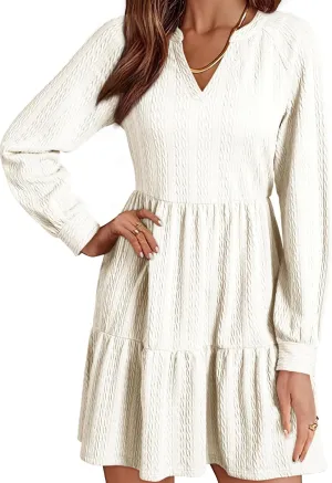 Dokotoo Womens Dresses 2025 Long Sleeve V Neck Textured Casual Tiered Ruffle A-Line Swing Mini Babydoll Dress
