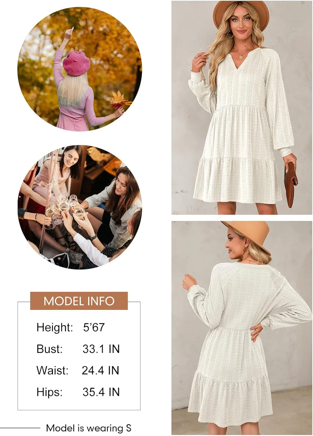 Dokotoo Womens Dresses 2025 Long Sleeve V Neck Textured Casual Tiered Ruffle A-Line Swing Mini Babydoll Dress