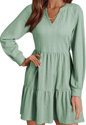 Dokotoo Womens Dresses 2025 Long Sleeve V Neck Textured Casual Tiered Ruffle A-Line Swing Mini Babydoll Dress