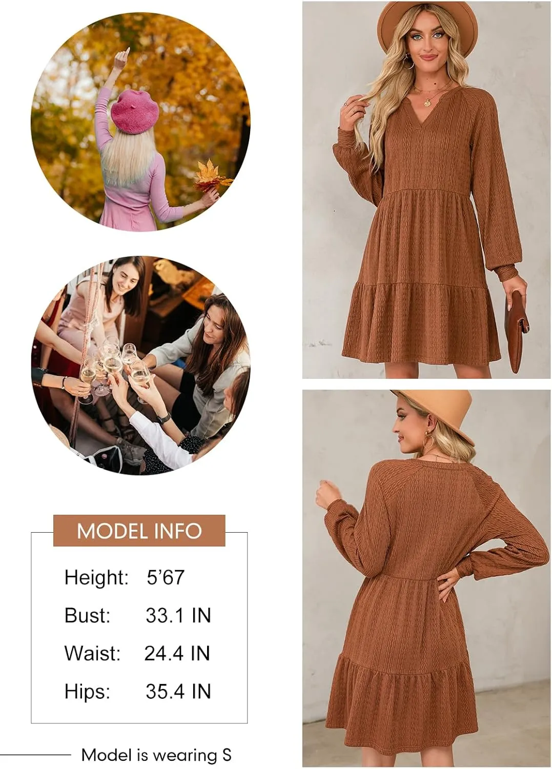 Dokotoo Womens Dresses 2025 Long Sleeve V Neck Textured Casual Tiered Ruffle A-Line Swing Mini Babydoll Dress