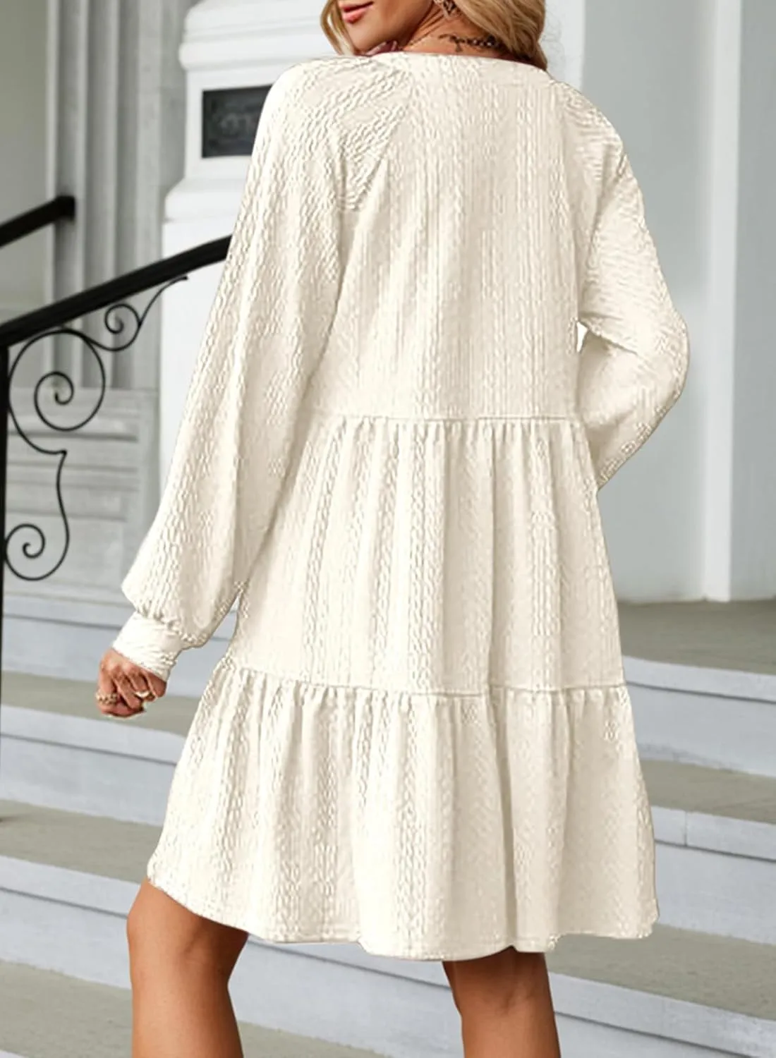 Dokotoo Womens Dresses 2025 Long Sleeve V Neck Textured Casual Tiered Ruffle A-Line Swing Mini Babydoll Dress
