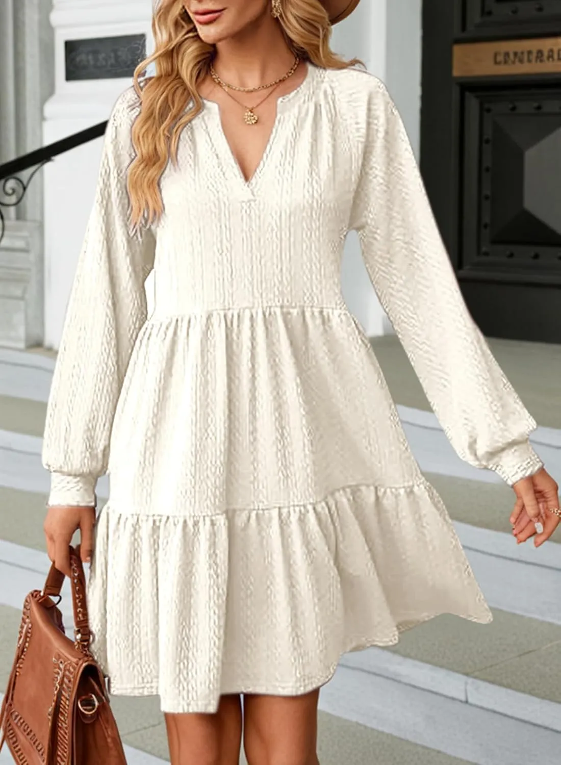 Dokotoo Womens Dresses 2025 Long Sleeve V Neck Textured Casual Tiered Ruffle A-Line Swing Mini Babydoll Dress