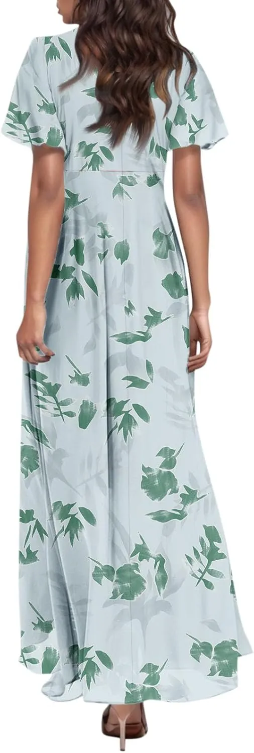 Dresses for Church Women 2025 Maxi Dress Summer Wrap Floral Ruffle Sleeve Chiffon Wedding Dress Boho