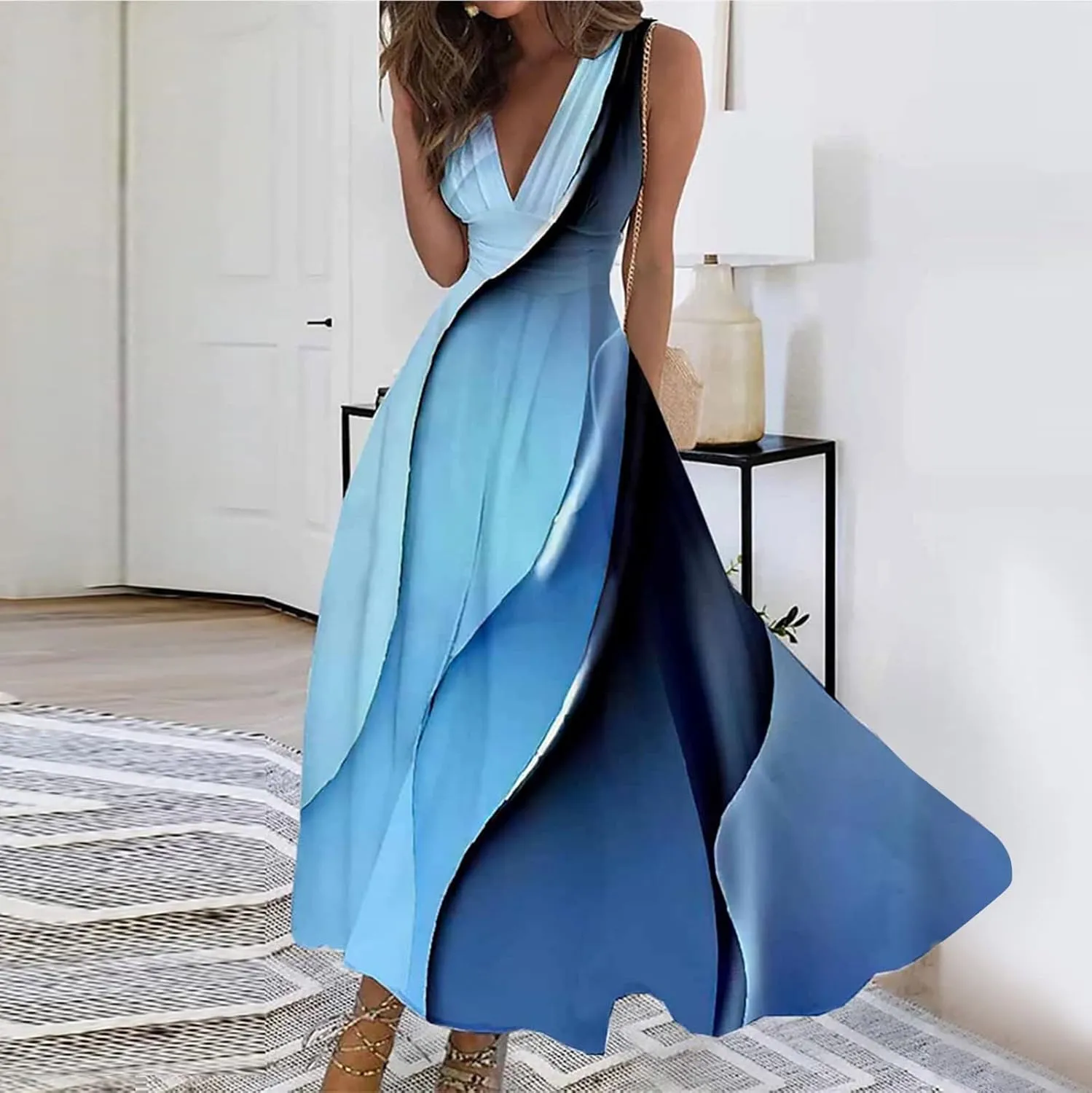 Dresses for Women 2024 Flowy Ruched Floral Print Boho Dress Sleeveless Wrap V Neck Sundresses Trendy Maxi Dress