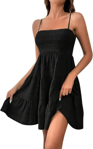 Dresses for Women 2025 Sexy Tube Top Smocked Spaghetti Strap Dresses Flowy Sleeveless Casual Beach Vacation Sundress