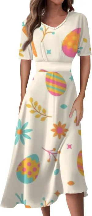 Easter Dress for Women Long Hem Short Sleeve Maxi Easter Bunny Outdoor Activities Cocktail Dresses Sweet Fairy Tale Clothes