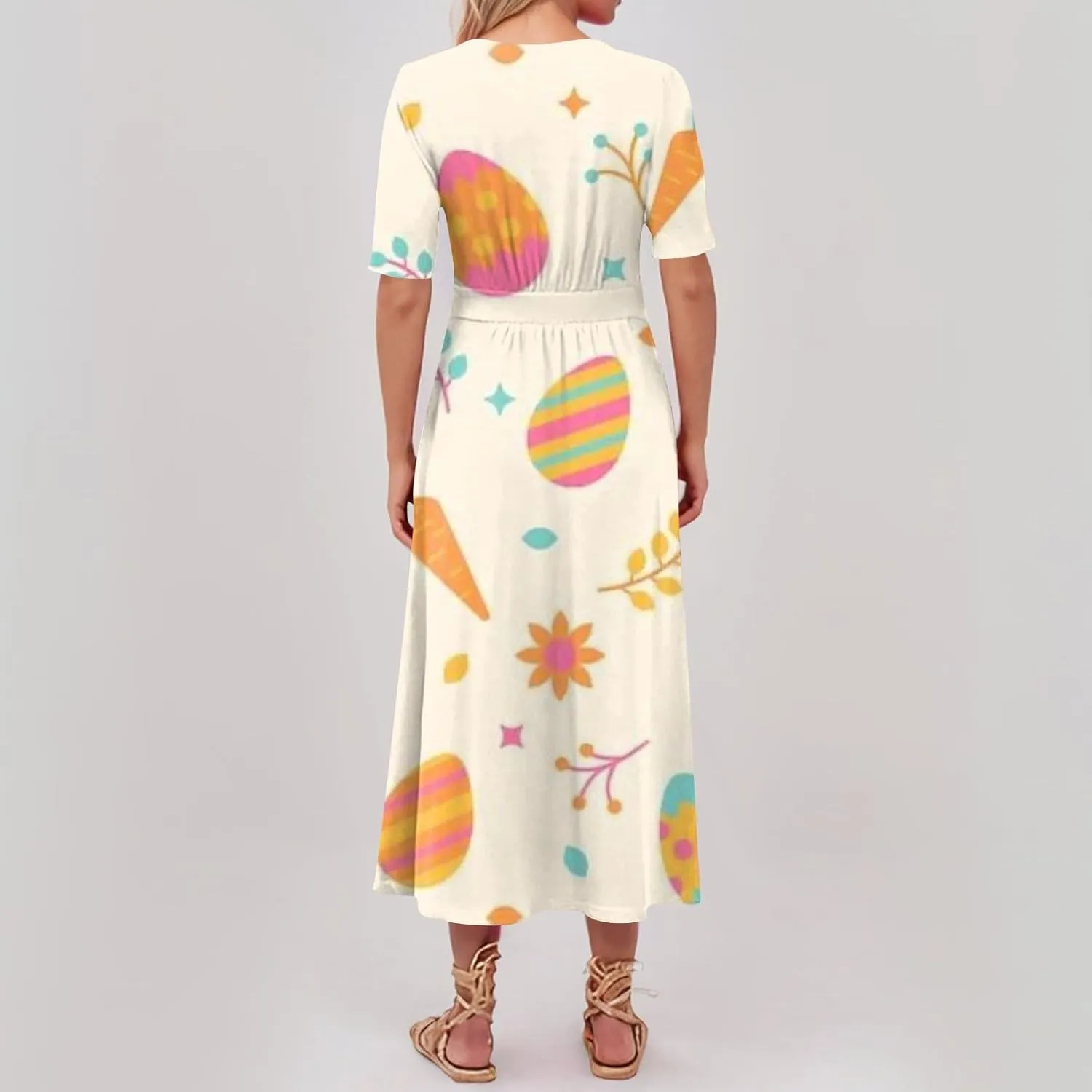 Easter Dress for Women Long Hem Short Sleeve Maxi Easter Bunny Outdoor Activities Cocktail Dresses Sweet Fairy Tale Clothes