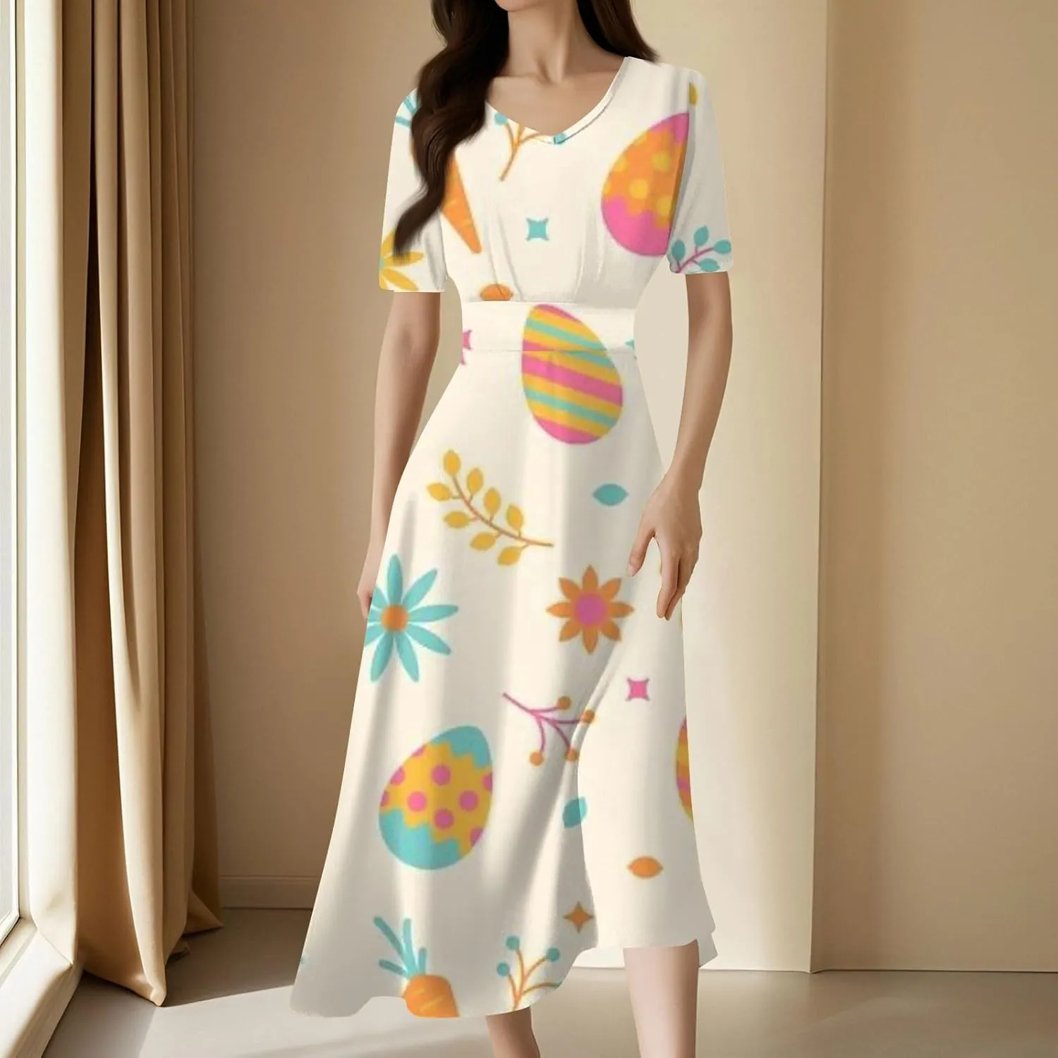 Easter Dress for Women Long Hem Short Sleeve Maxi Easter Bunny Outdoor Activities Cocktail Dresses Sweet Fairy Tale Clothes