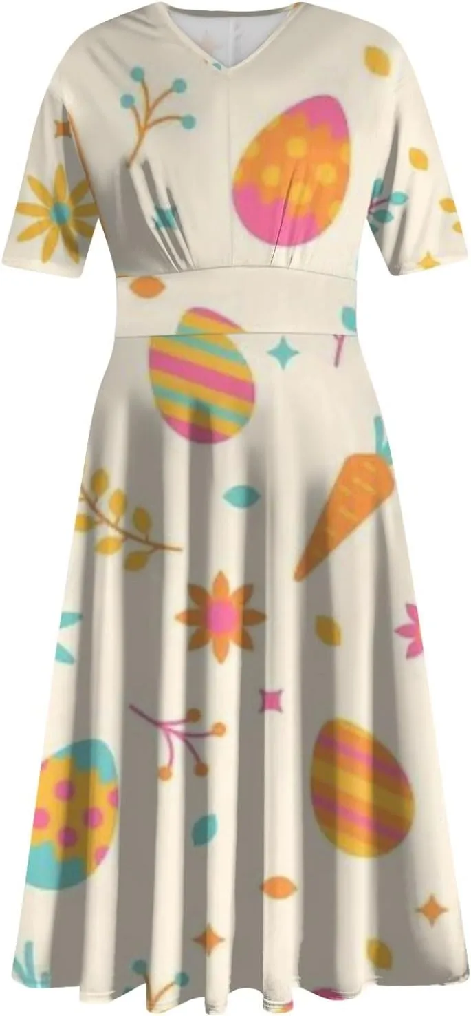 Easter Dress for Women Long Hem Short Sleeve Maxi Easter Bunny Outdoor Activities Cocktail Dresses Sweet Fairy Tale Clothes
