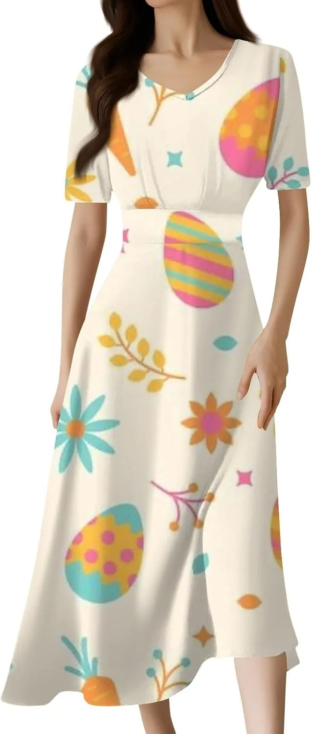 Easter Dress for Women Long Hem Short Sleeve Maxi Easter Bunny Outdoor Activities Cocktail Dresses Sweet Fairy Tale Clothes