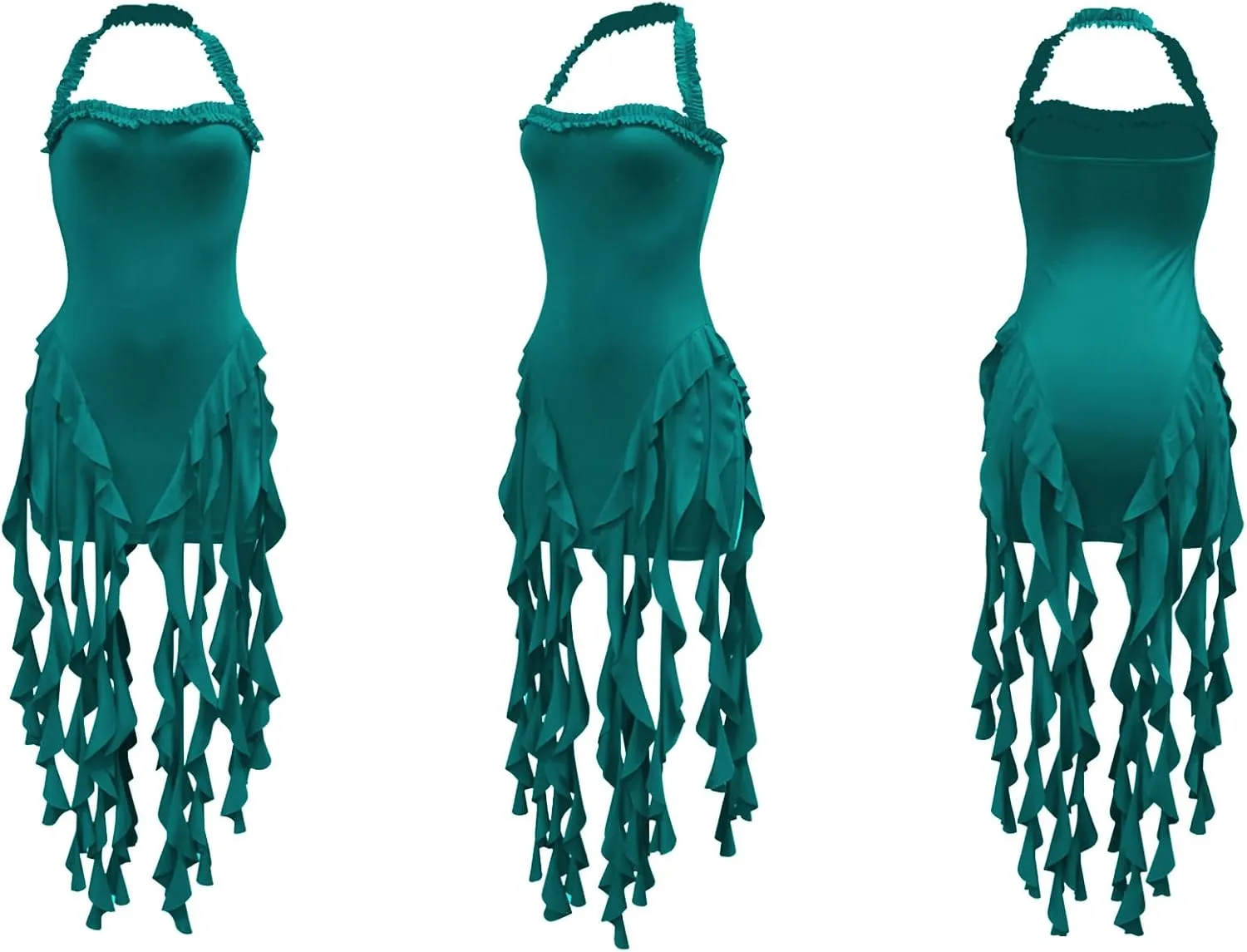 Ecirod Womens Summer Ruffle Fringe Mini Dress Sexy Halter Backless Cocktail Party Short Bodycon Tassel Dresses