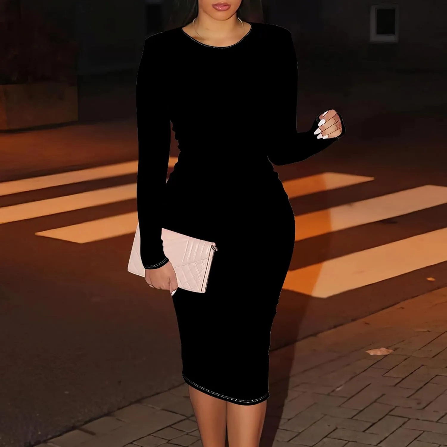 Elegant Basic Round Neck Midi Dress - Long Sleeve Bodycon Work Office Pencil Dress for Women