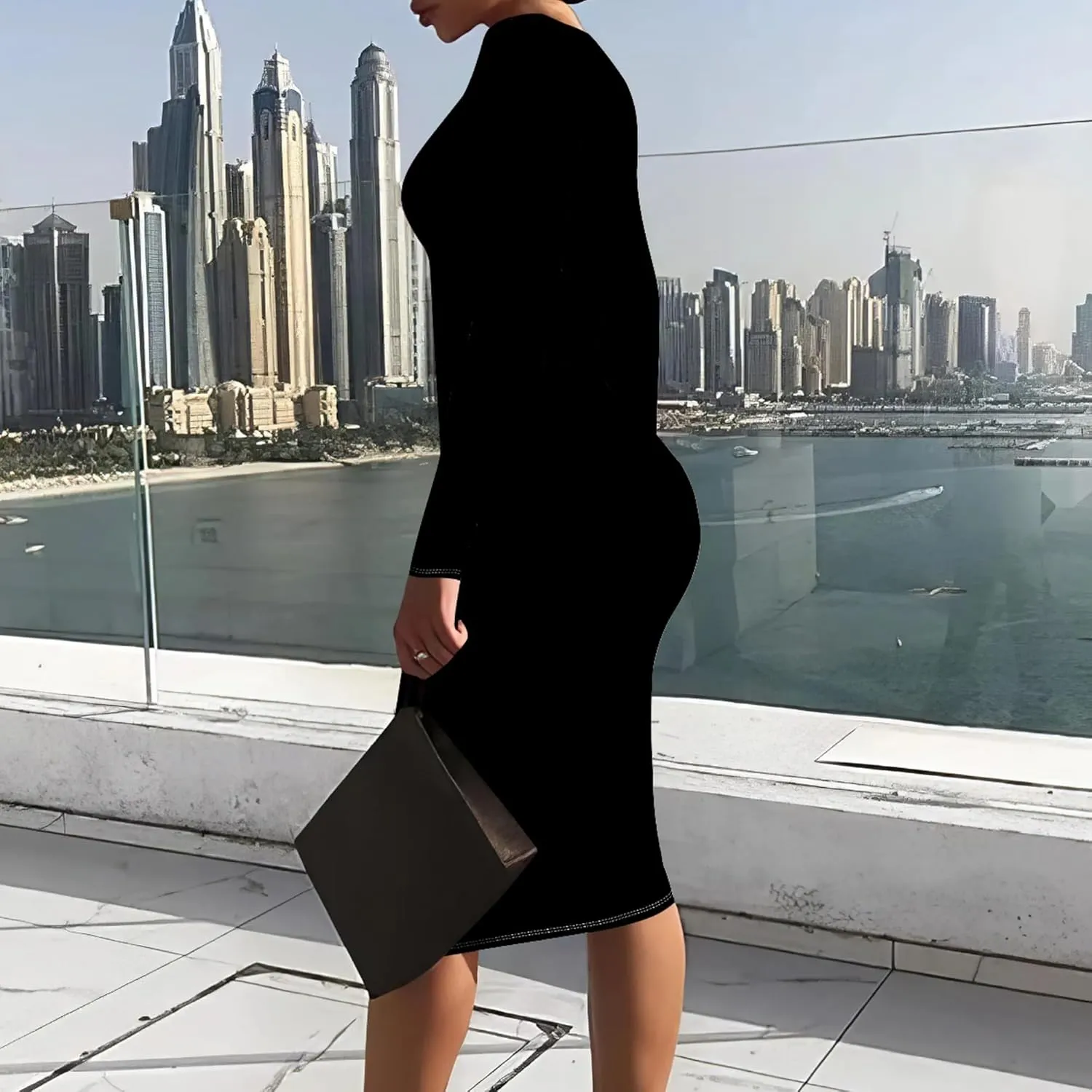 Elegant Basic Round Neck Midi Dress - Long Sleeve Bodycon Work Office Pencil Dress for Women