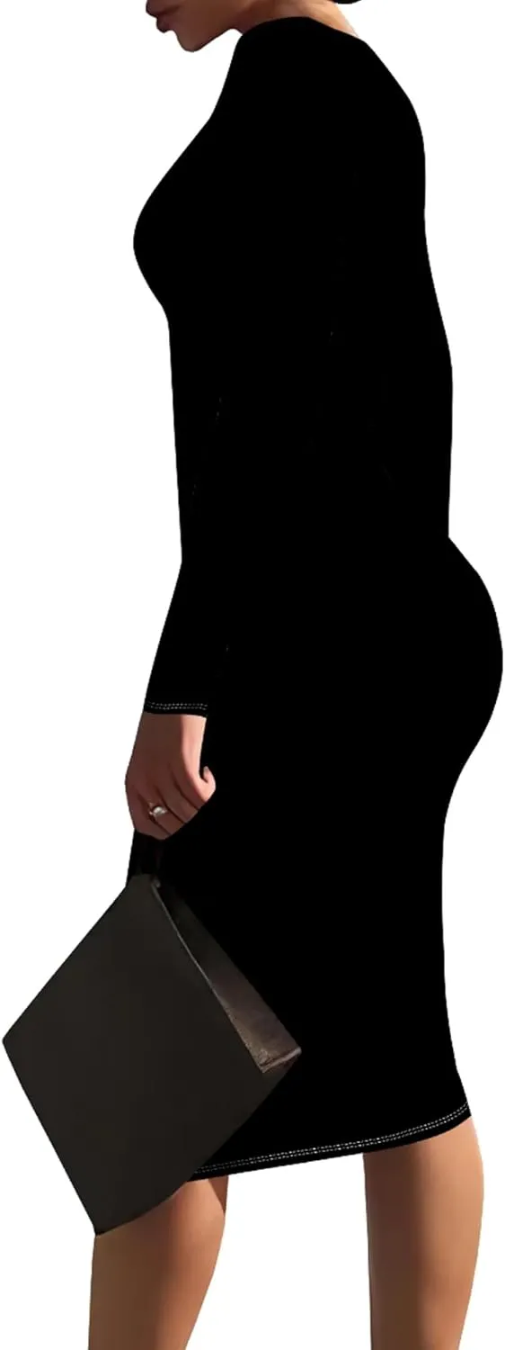 Elegant Basic Round Neck Midi Dress - Long Sleeve Bodycon Work Office Pencil Dress for Women