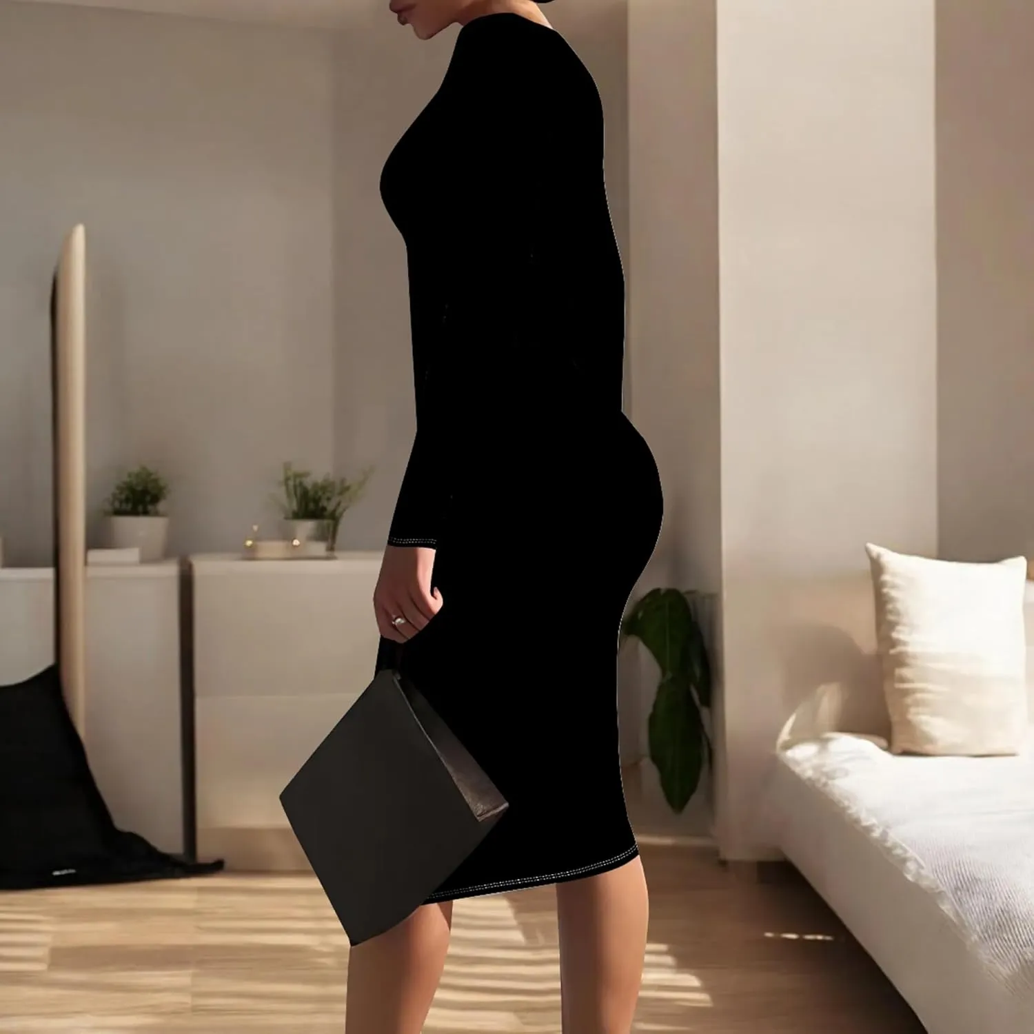 Elegant Basic Round Neck Midi Dress - Long Sleeve Bodycon Work Office Pencil Dress for Women