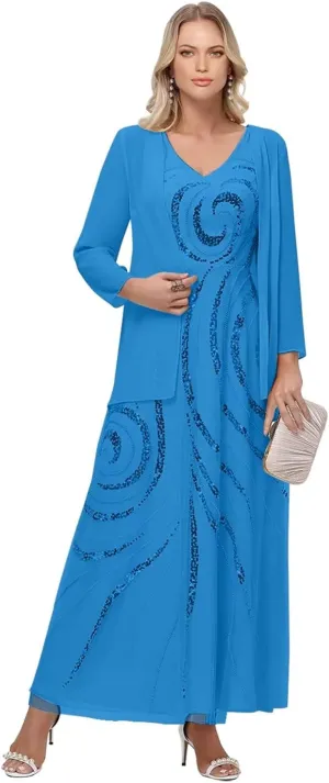 Elegant Chiffon Mother of The Bride Dress Long Sleeve Outfit for Sequin Mother of The Groom with Jacket