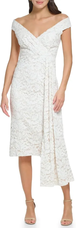 Eliza J Women's Off The Shoulder Draped Lace Wedding Cocktail Midi Dress